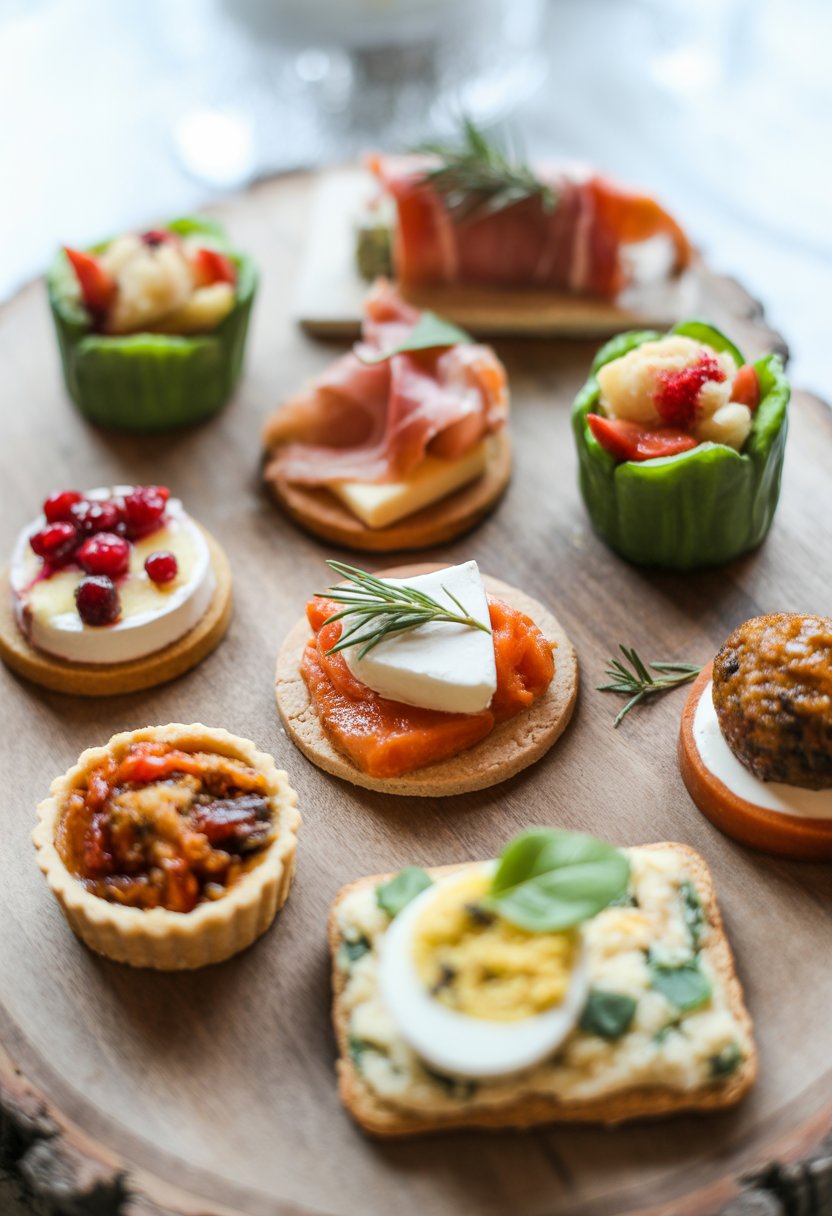Nine assorted Christmas finger foods arranged on a rustic surface with fresh ingredients and colorful garnishes.