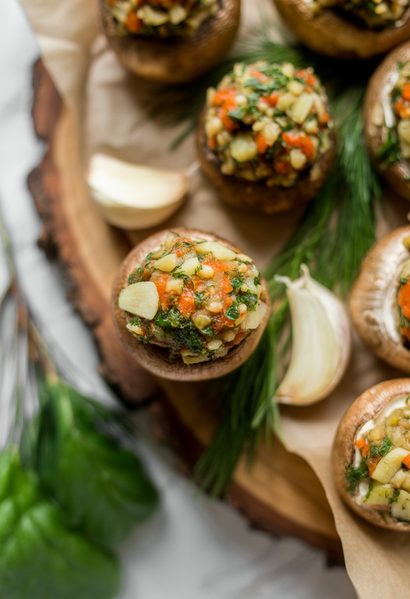 Close-up of stuffed mushrooms with garlic and herbs arranged on a rustic surface, surrounded by fresh ingredients.