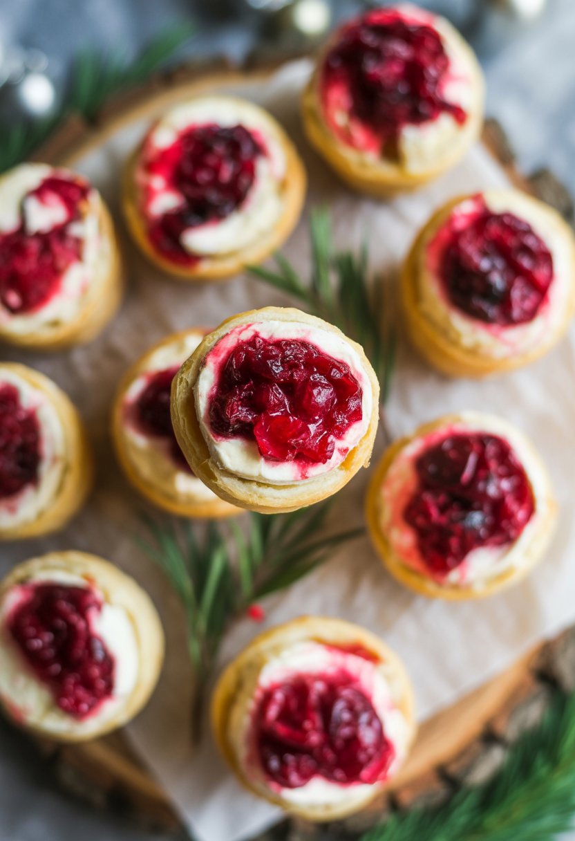 Nine cranberry brie bites arranged on a rustic surface with fresh herbs around them.