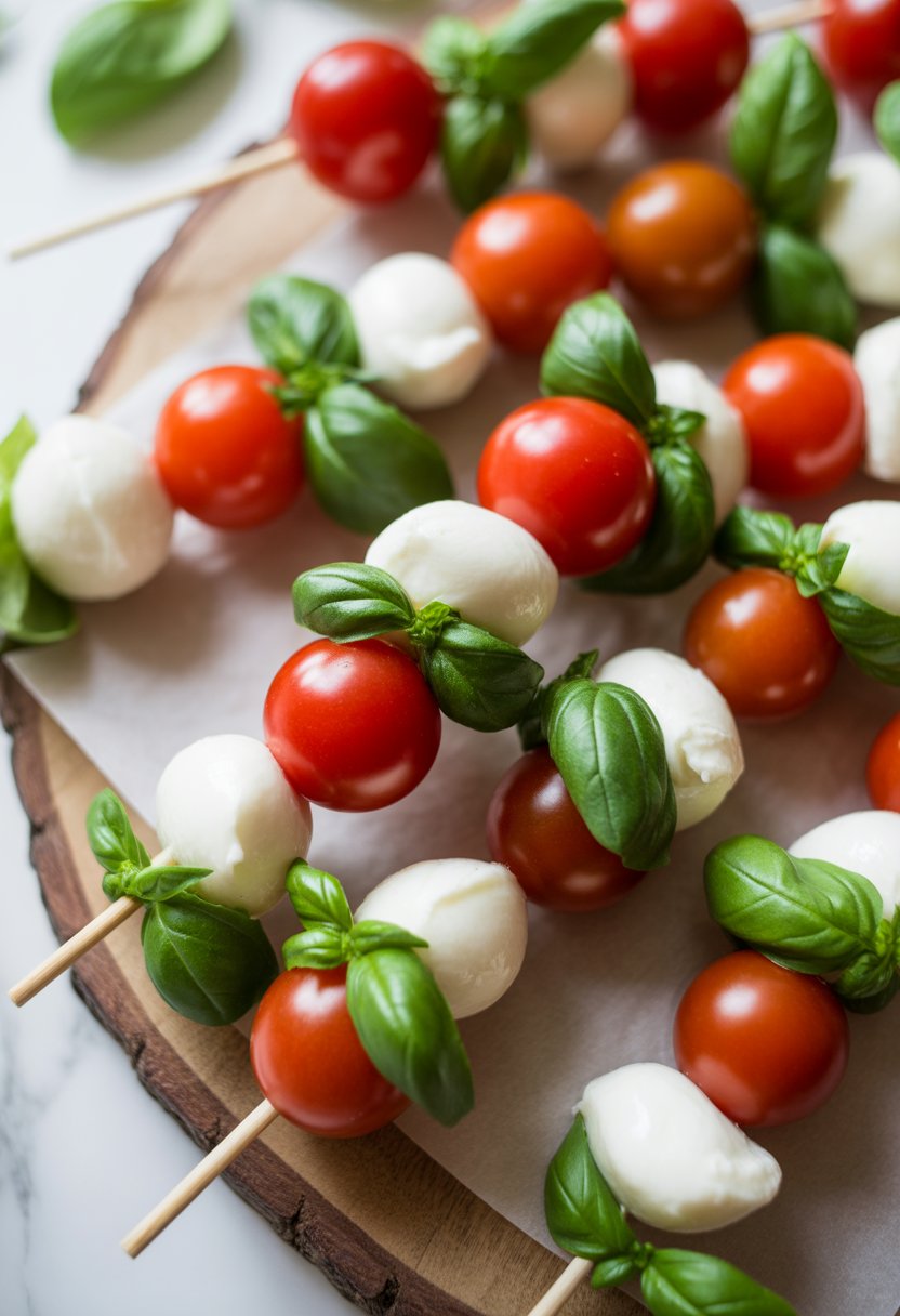 Mini Caprese Skewers with cherry tomatoes, mozzarella, and basil arranged on a rustic surface.