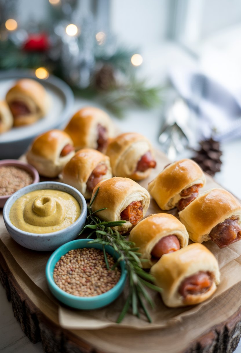 A plate of golden pigs in a blanket with a bowl of mustard dip on a rustic wooden surface, surrounded by fresh herbs and festive decorations.