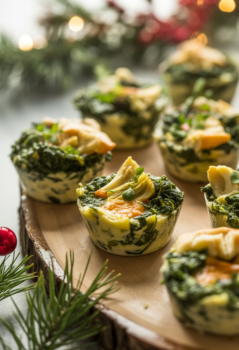 Close-up of spinach and artichoke dip served in small cups arranged on a rustic surface with holiday decorations in the background.