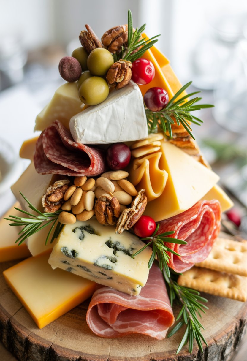 A Christmas tree-shaped arrangement of cheese, cured meats, and festive finger foods on a rustic surface.
