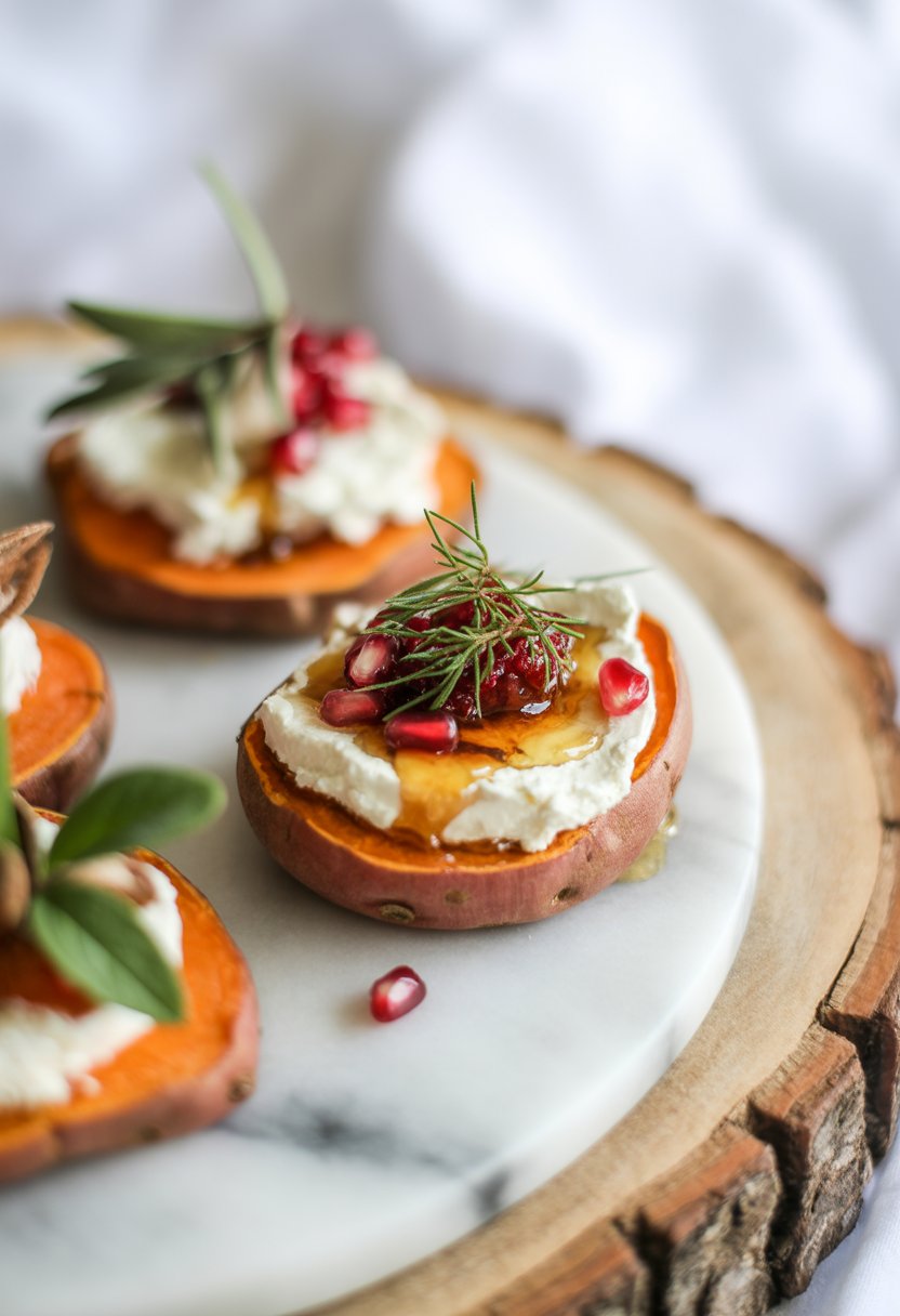 Close-up of sweet potato rounds topped with goat cheese and festive garnishes arranged on a rustic wooden or marble surface.
