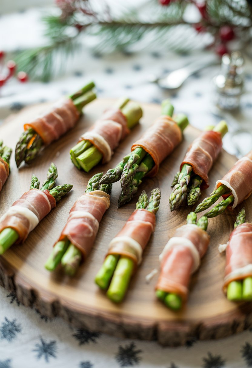 Nine bundles of prosciutto-wrapped asparagus arranged on a rustic wooden surface.