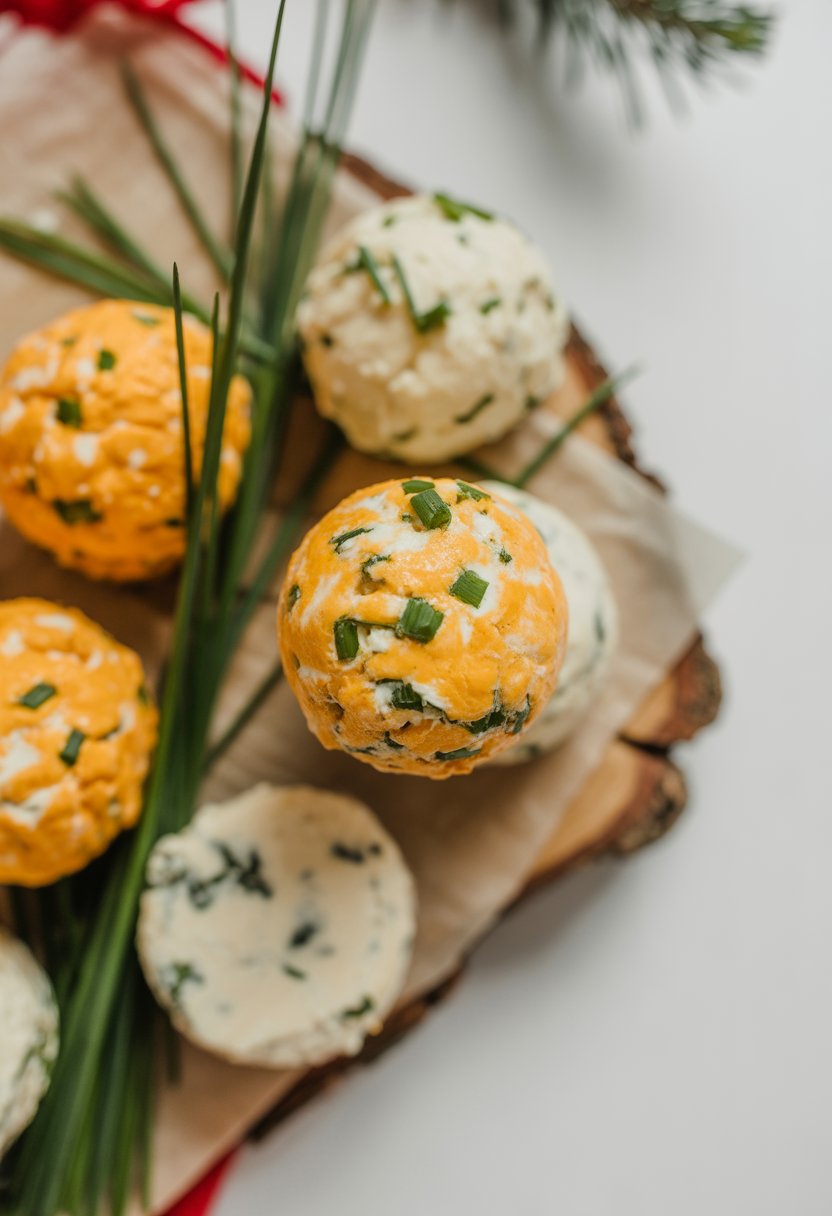 A plate of cheddar and chive cheese balls arranged on a rustic surface with fresh herbs and seasonal garnishes.