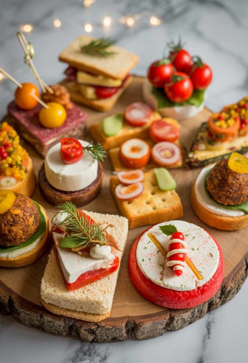 A variety of colorful Christmas finger foods arranged on a rustic wooden or marble surface with fresh ingredients and a blurred background.