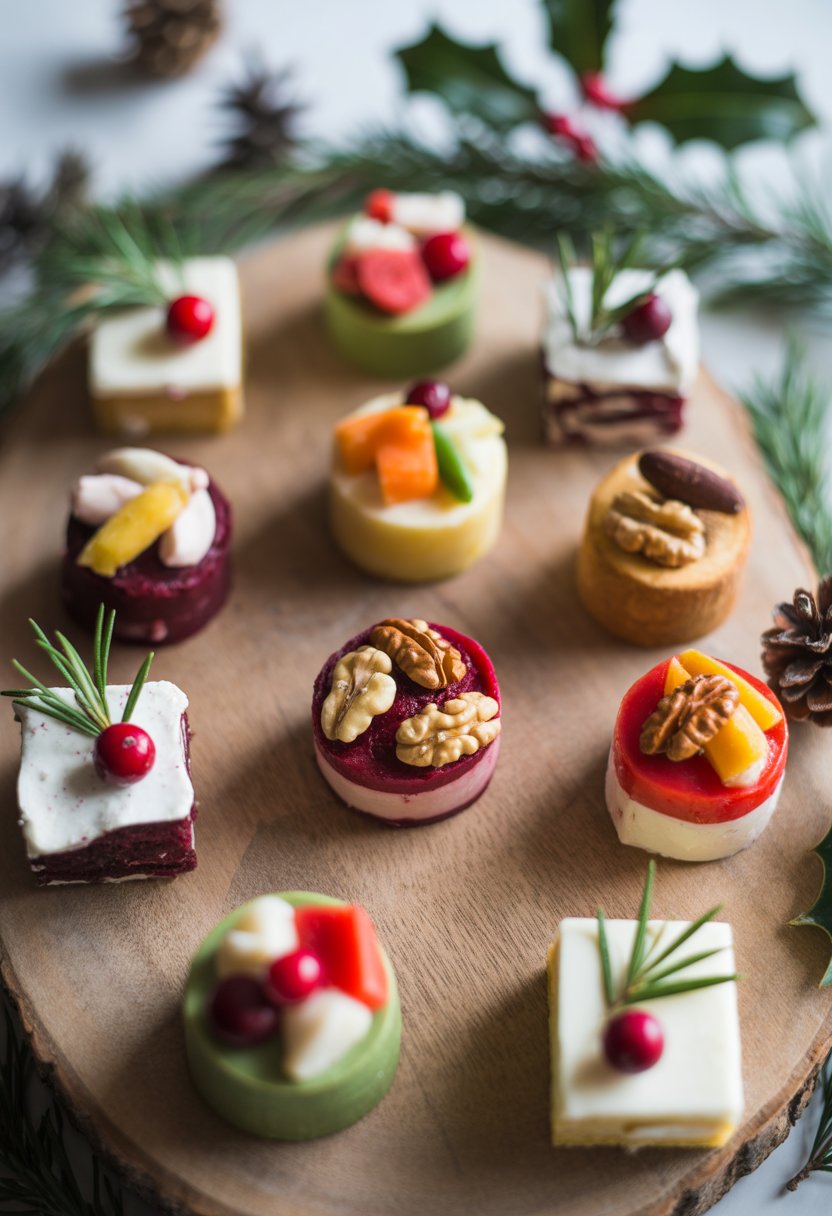 Nine Christmas-themed finger foods arranged on a rustic surface with fresh ingredients and festive garnishes.