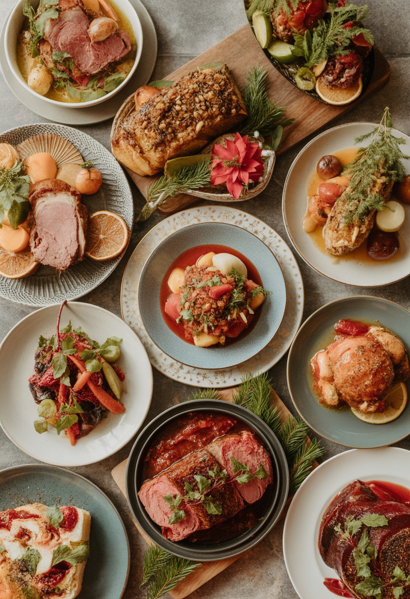 Eight different Christmas lunch dishes arranged on a rustic surface with fresh ingredients and vibrant colors.