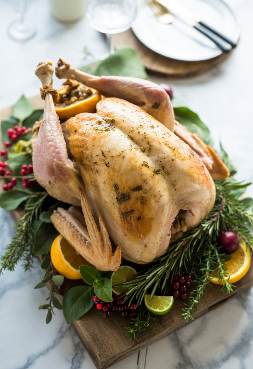 A roasted turkey with herb stuffing on a wooden or marble surface surrounded by fresh herbs and colorful side dishes.