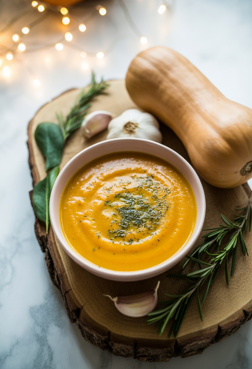 A bowl of creamy butternut squash soup garnished with fresh herbs, surrounded by whole butternut squash and garlic on a rustic wooden surface.