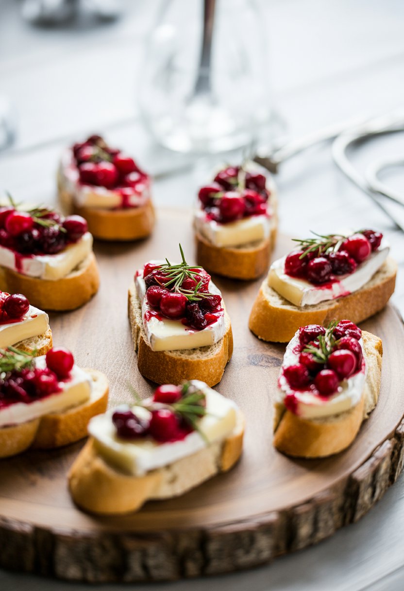 Close-up of cranberry and brie crostini on toasted baguette slices arranged on a wooden surface with fresh cranberries and herbs.