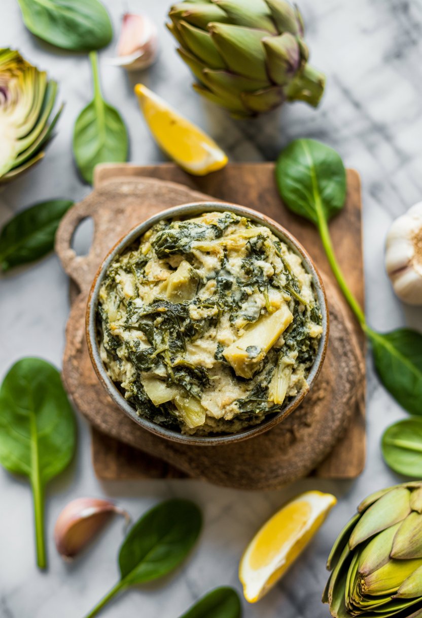 A bowl of warm spinach and artichoke dip surrounded by fresh spinach leaves, artichokes, garlic, and lemon wedges on a rustic wooden surface.