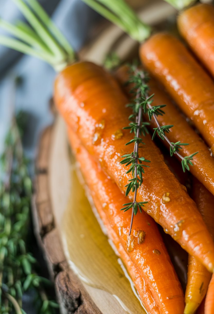 Honey glazed carrots garnished with thyme on a rustic wood surface.