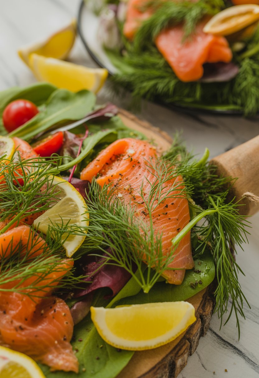 A smoked salmon and dill salad with fresh greens and lemon wedges on a rustic surface.