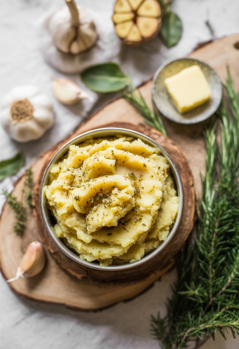 A bowl of creamy roasted garlic mashed potatoes surrounded by fresh garlic bulbs and herbs on a rustic wood surface.