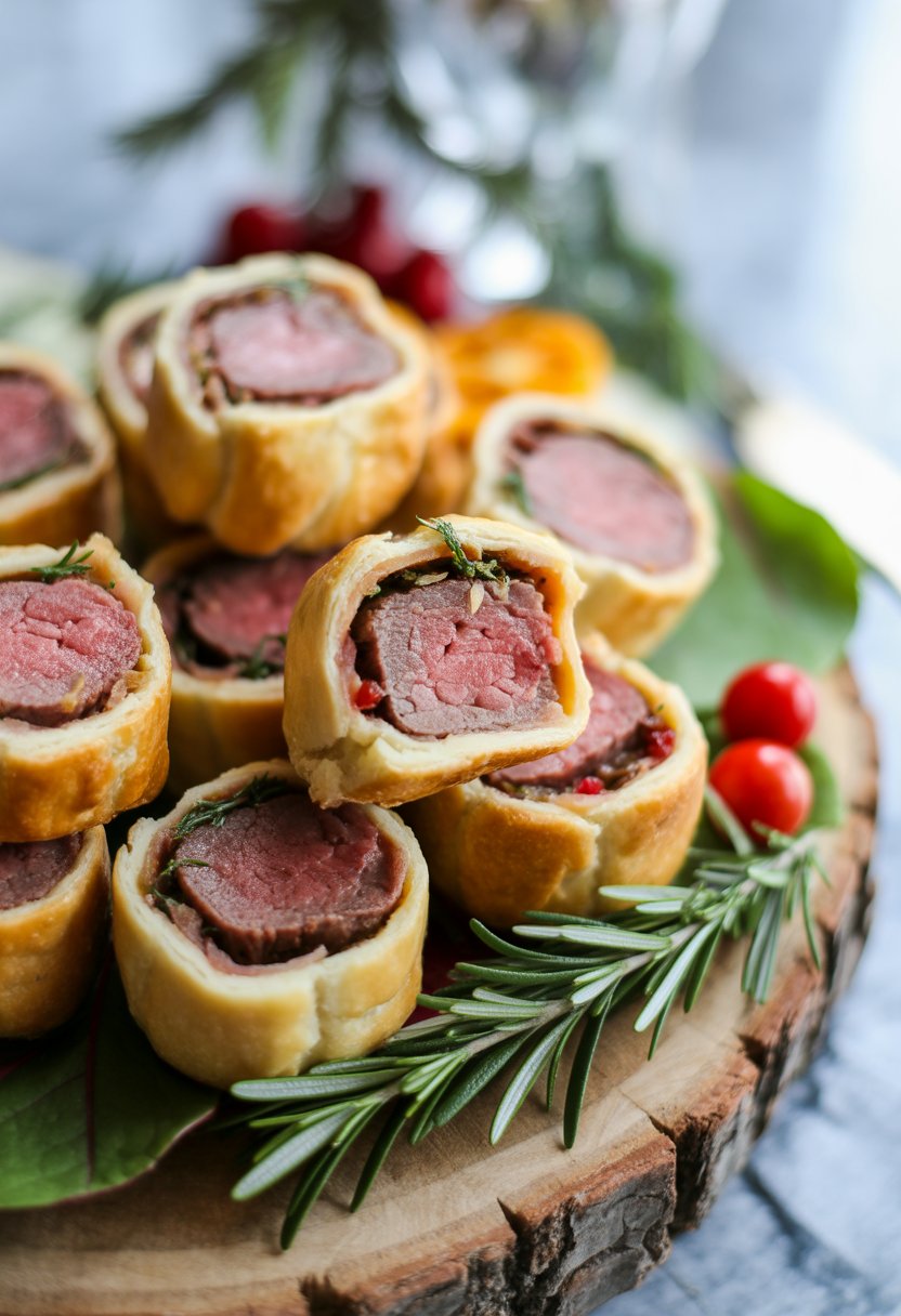 Mini Beef Wellington Bites served on a rustic surface with fresh herbs and festive garnishes, captured with a blurred background.