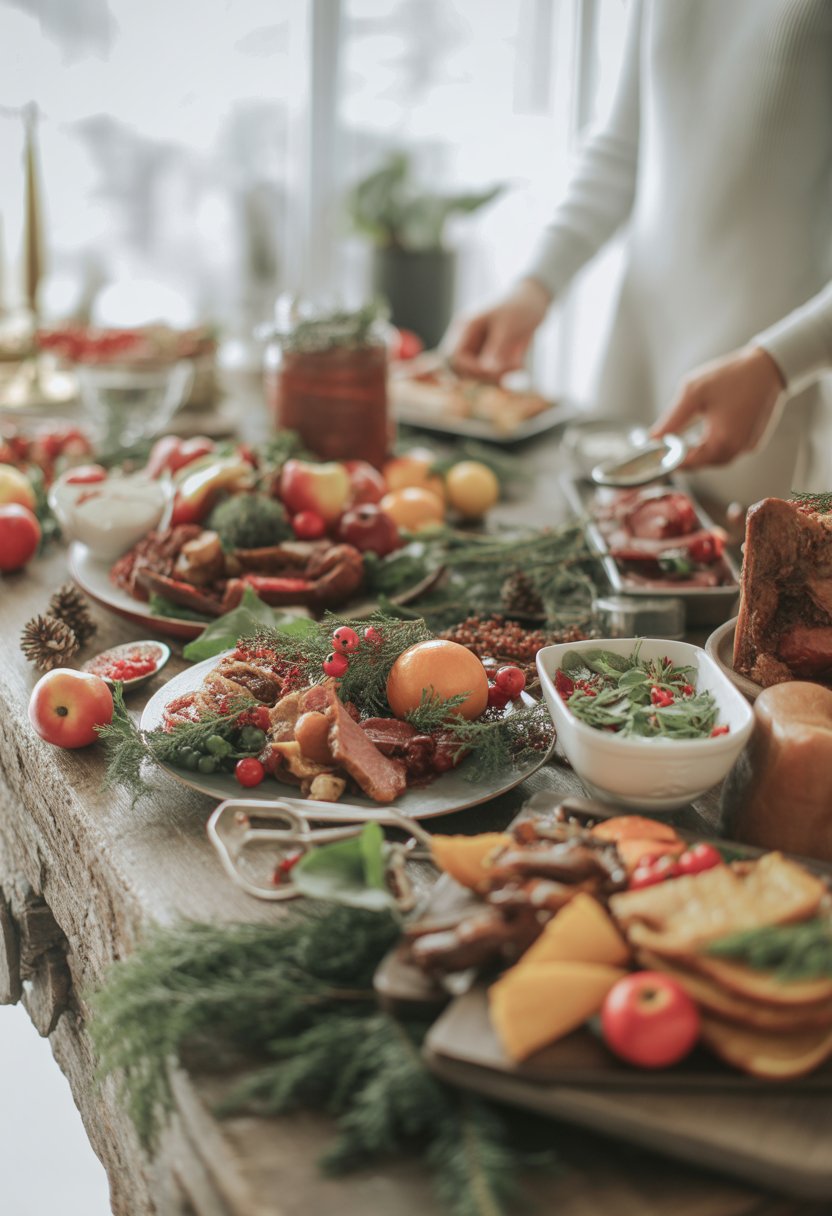 A festive Christmas lunch spread with roasted meats, colorful vegetables, fresh herbs, and seasonal fruits arranged on a rustic surface.