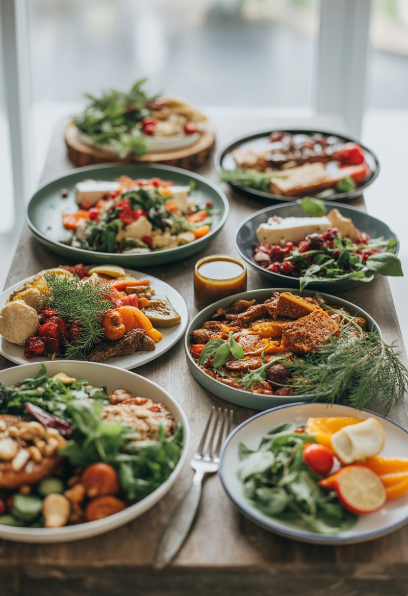 A festive Christmas lunch spread with eight different dishes featuring fresh vegetables, herbs, nuts, and proteins arranged on a rustic wood or marble surface.
