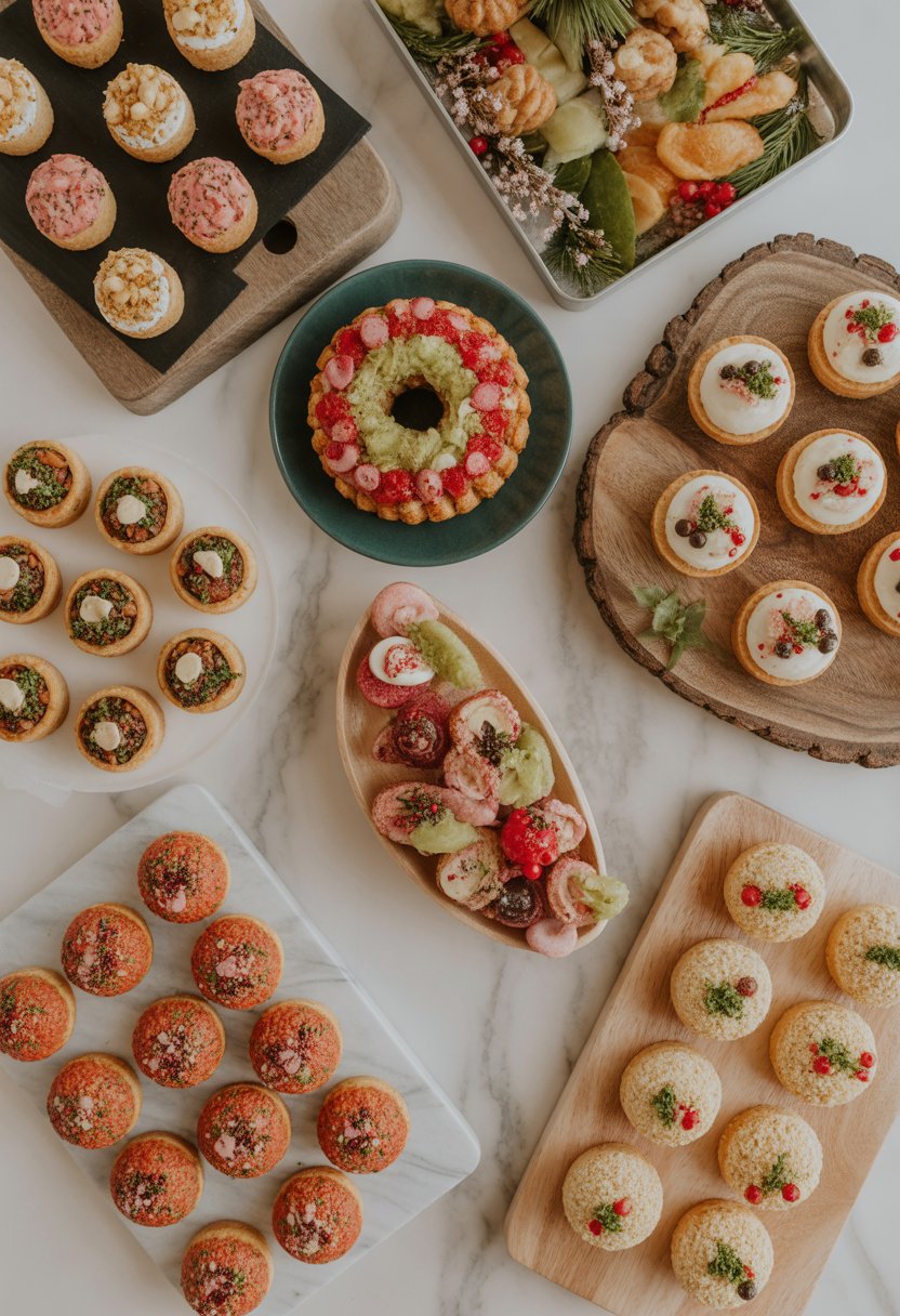 A top-down view of seven different Christmas party foods arranged on rustic wood and marble surfaces, featuring colorful appetizers, pastries, salads, and desserts.