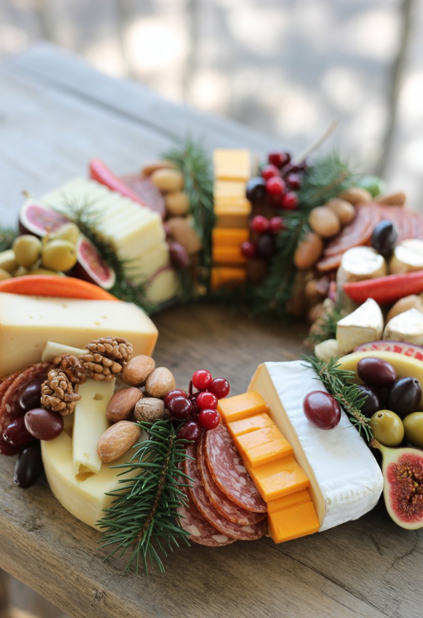 A circular arrangement of cheeses, cured meats, olives, nuts, fresh herbs, and seasonal fruits on a rustic wooden surface.