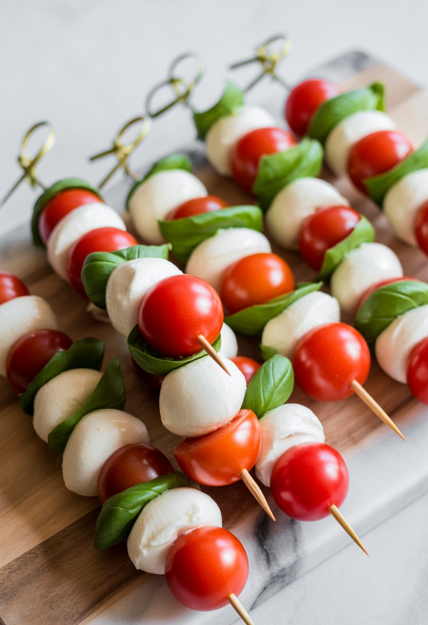 A close-up of colorful Candy Cane Caprese Skewers with cherry tomatoes, basil, and mozzarella on a rustic wood surface.