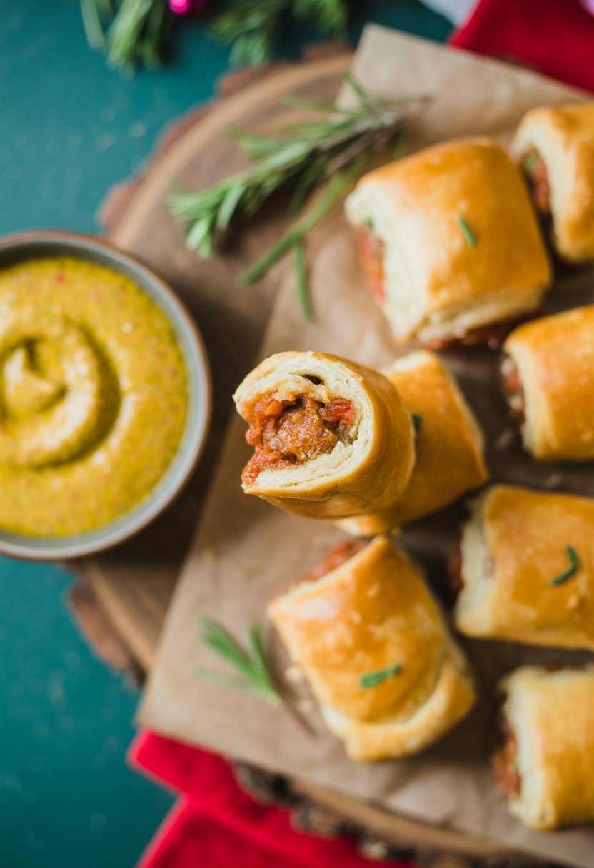 Mini sausage rolls with mustard dip on a rustic wooden surface, garnished with fresh herbs.