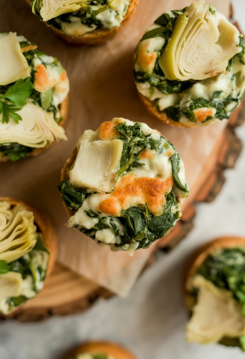 Close-up of spinach and artichoke dip bites on a rustic wooden surface, garnished with fresh herbs.