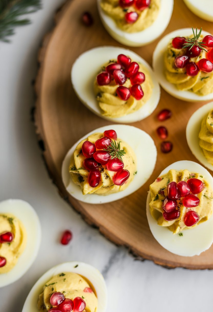 A plate of deviled eggs topped with pomegranate seeds and fresh herbs on a wooden or marble surface.