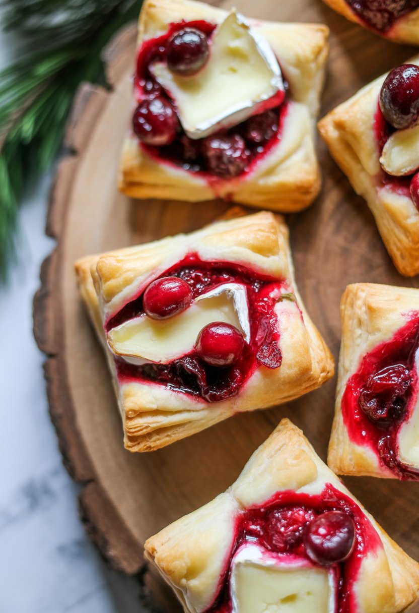 Close-up of cranberry brie puff pastry bites on a rustic wooden surface with fresh cranberries and herbs.