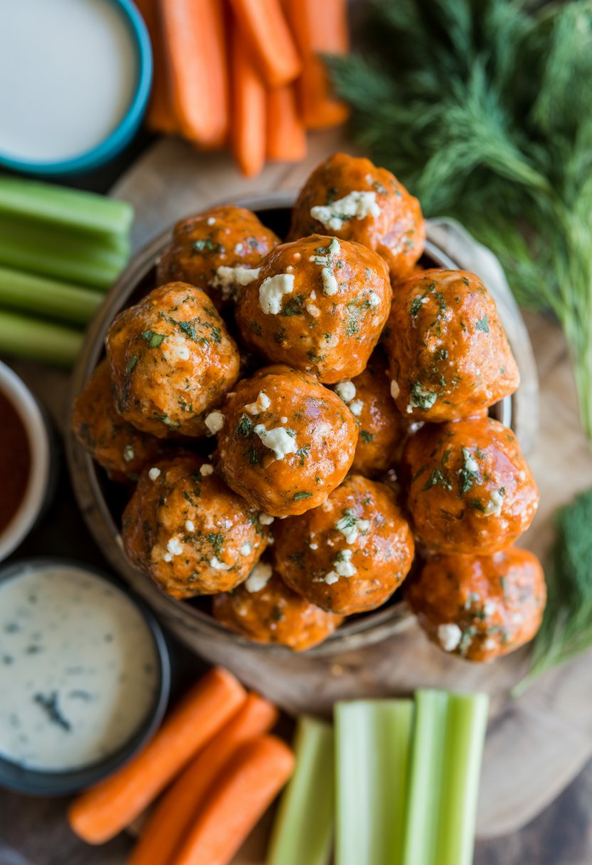 A plate of buffalo chicken meatballs with celery and carrot sticks and dipping sauces on a rustic surface.