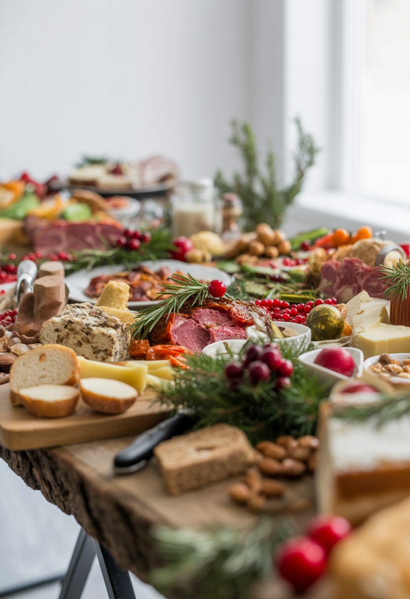 A festive Christmas party food spread with roasted meats, vegetables, breads, cheeses, and garnishes arranged on a rustic wood surface.