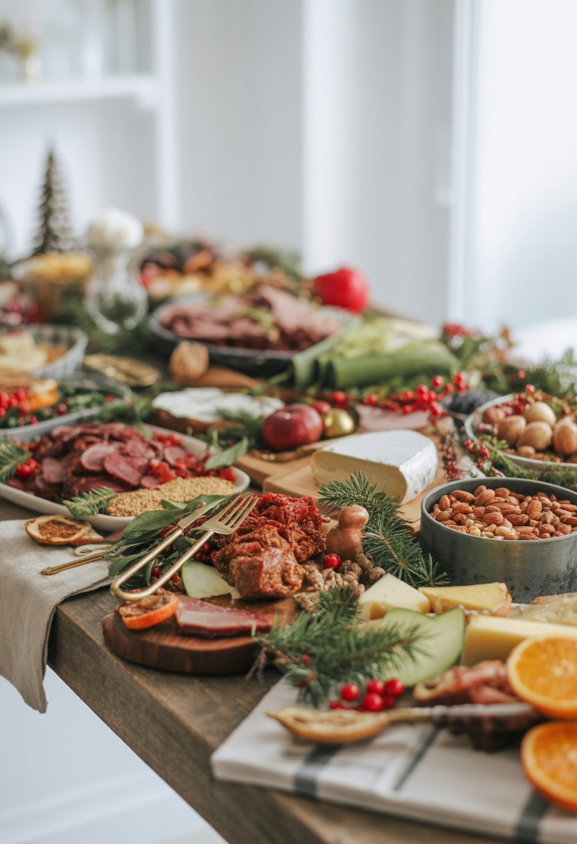 An overhead view of a festive Christmas food spread with various fresh dishes and ingredients arranged on a rustic wooden surface.