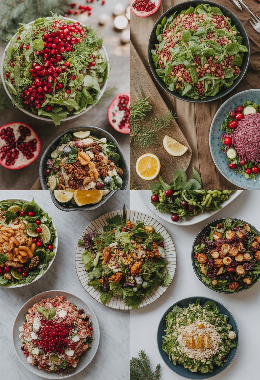 A top or angled view of eight colorful Christmas salads arranged on rustic wood and marble surfaces, featuring fresh ingredients like greens, pomegranate seeds, nuts, citrus, and cranberries.