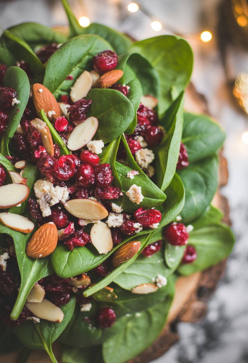 A bowl of cranberry almond spinach salad with fresh spinach, red cranberries, and almond slices on a rustic wooden surface.