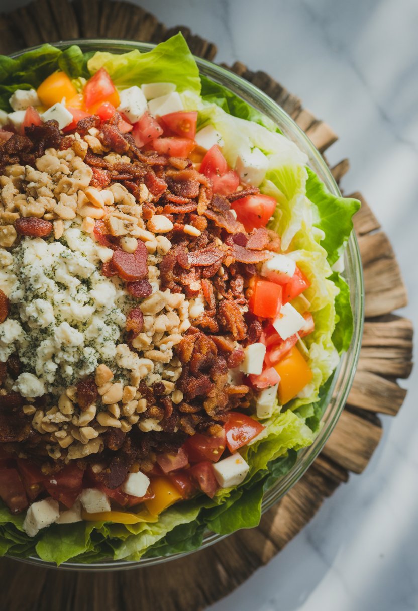 A colorful seven-layer Christmas salad with fresh vegetables, Gorgonzola cheese, and crispy bacon in a clear bowl on a wooden surface.