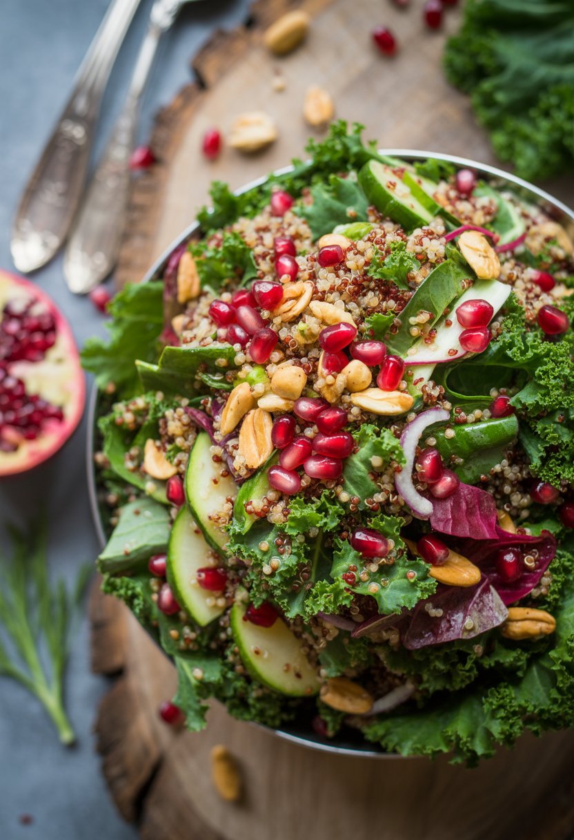 A bowl of kale and quinoa winter salad with red wine vinaigrette on a rustic surface, surrounded by fresh ingredients.