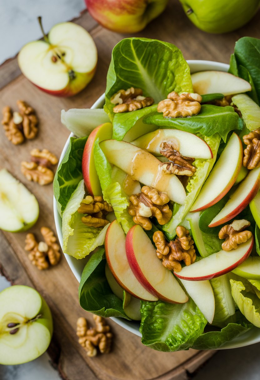 A bowl of apple and walnut romaine salad on a rustic wood surface with fresh ingredients including lettuce, apple slices, and walnuts.