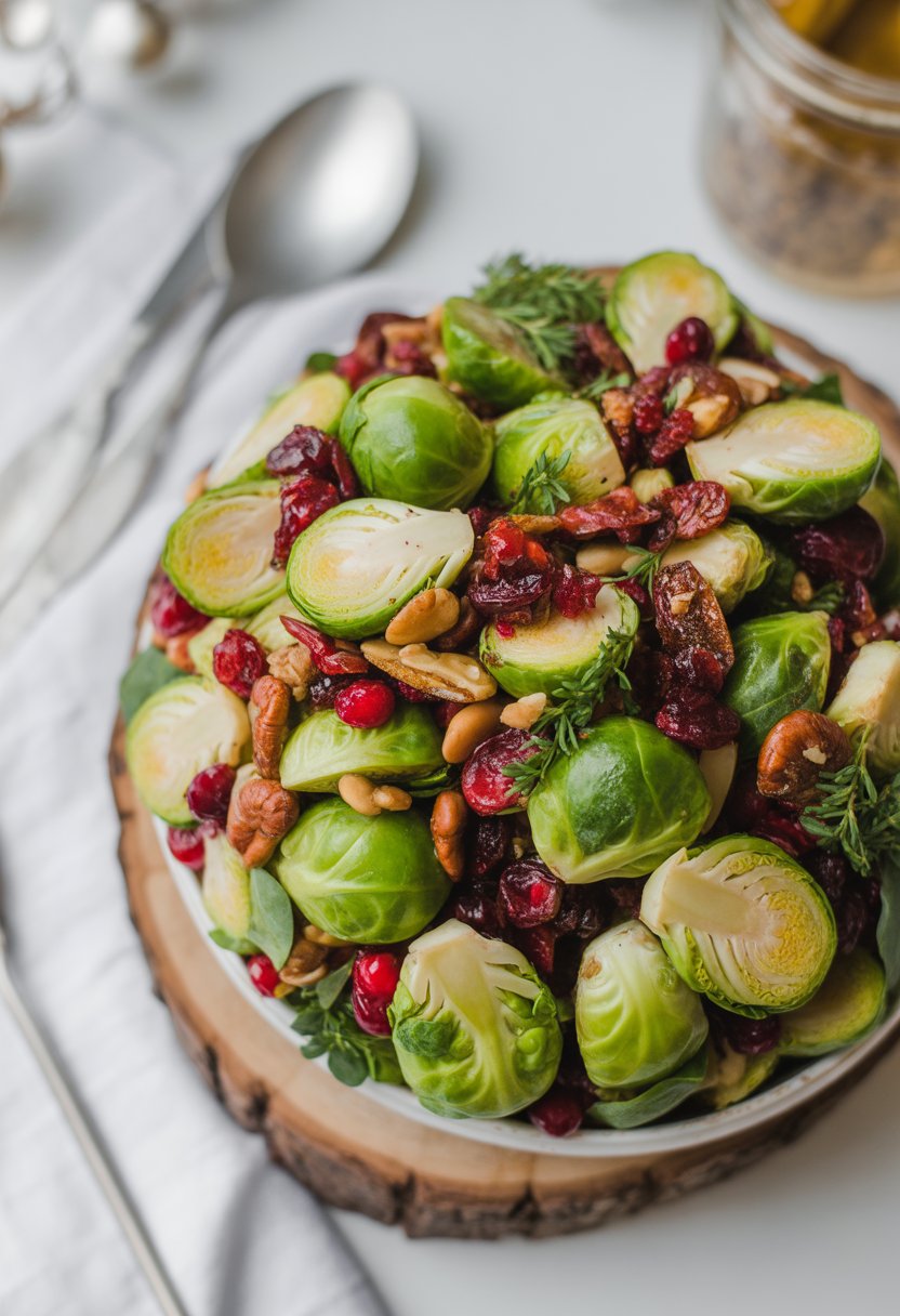 A bowl of Brussels sprouts and cranberry salad with fresh greens and red cranberries on a rustic wooden surface.