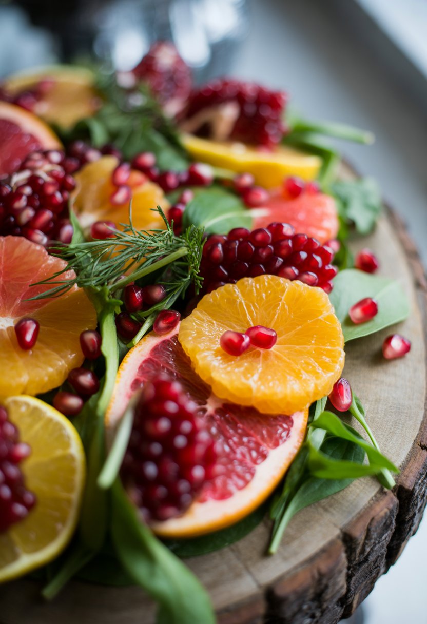 A bowl of winter citrus and pomegranate salad with orange slices, pomegranate seeds, and greens on a rustic surface.