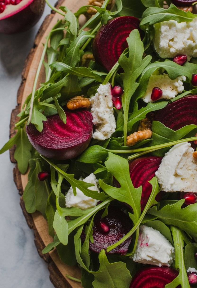 A fresh salad with peppery arugula, roasted beets, and goat cheese on a rustic wooden or marble surface.