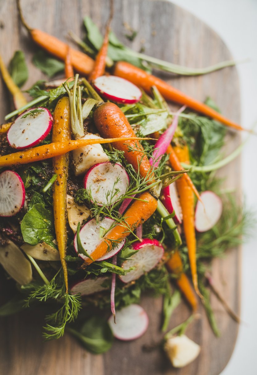 A bowl of roasted carrot and radish salad with fresh greens on a rustic surface, with blurred background.