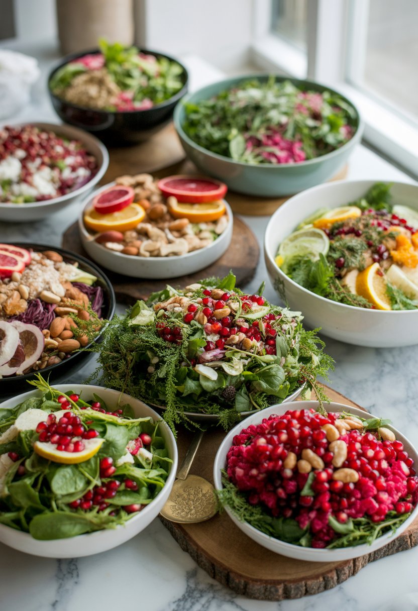 An overhead view of eight colorful Christmas salads arranged on a rustic wood and marble surface, featuring fresh greens, pomegranate seeds, cranberries, nuts, and citrus slices.