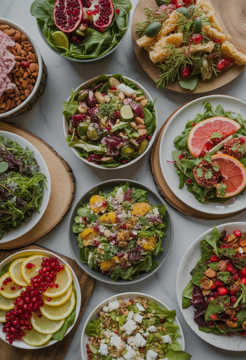 Eight bowls of colorful Christmas salads with fresh greens, fruits, nuts, and cheese arranged on rustic wood and marble surfaces.