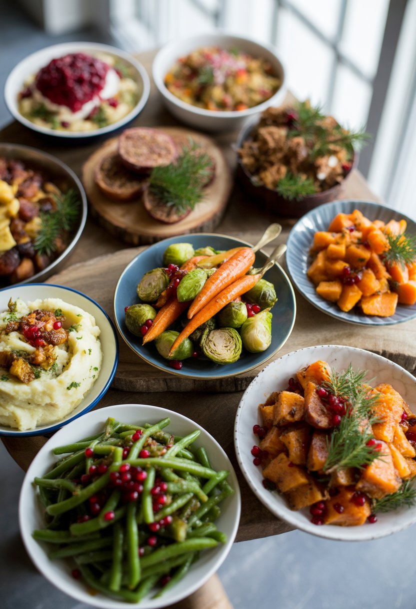 Nine colorful Christmas side dishes arranged on a rustic wood or marble surface, featuring roasted vegetables, cranberry sauce, stuffing, glazed carrots, Brussels sprouts, mashed potatoes, sweet potato casserole, green beans, and a festive salad.