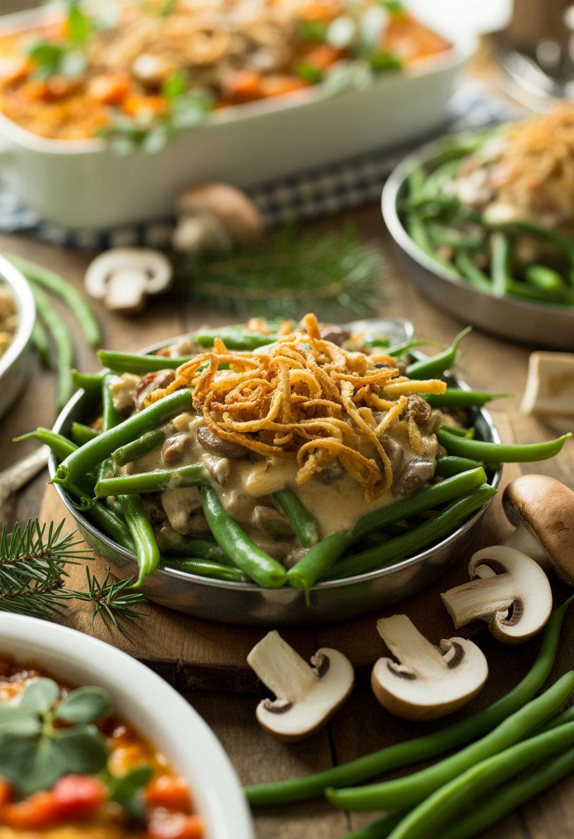 A classic green bean casserole topped with crispy fried onions on a rustic wooden surface, surrounded by fresh green beans and mushrooms.