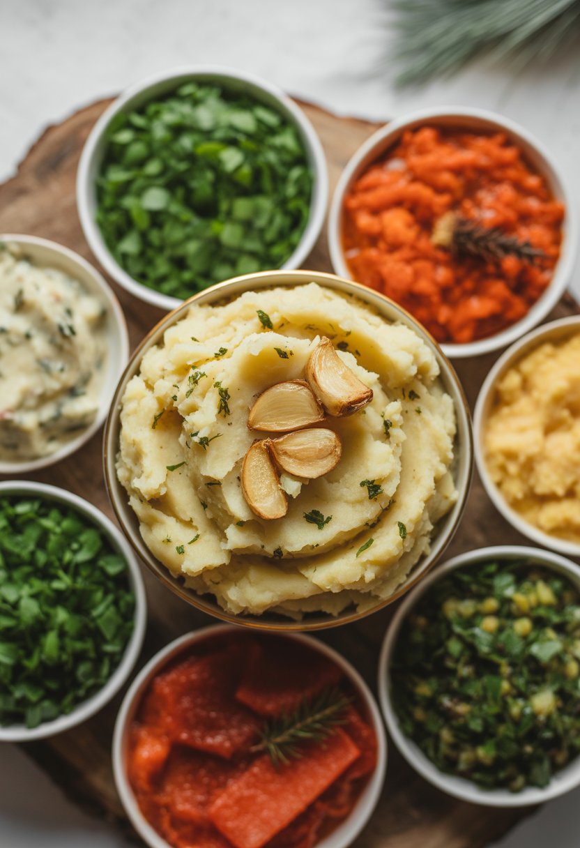 A bowl of garlic mashed potatoes surrounded by various Christmas side dishes on a rustic surface.
