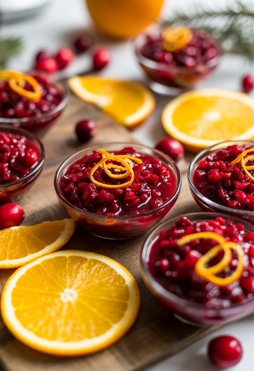 A bowl of cranberry sauce with orange zest surrounded by fresh cranberries and orange slices on a rustic surface.