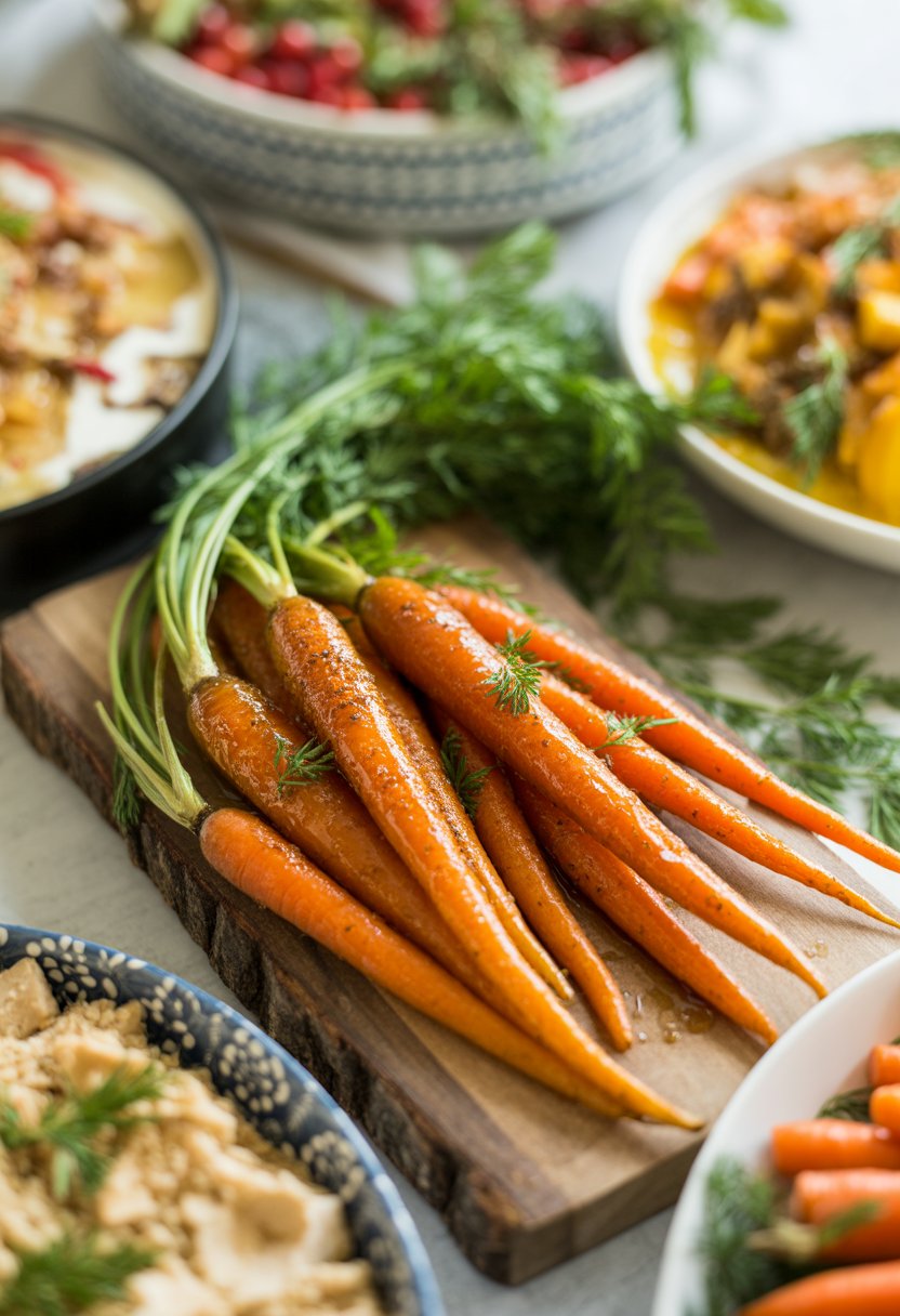A close-up of honey glazed carrots garnished with fresh herbs, arranged on a rustic surface with other blurred Christmas side dishes in the background.