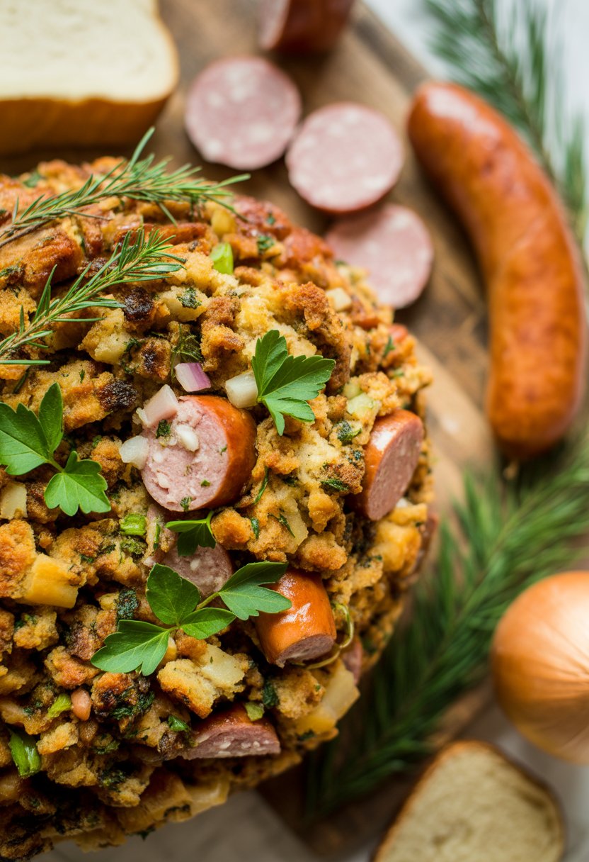 A bowl of sausage and herb stuffing on a rustic surface with fresh herbs and sausage pieces around it.